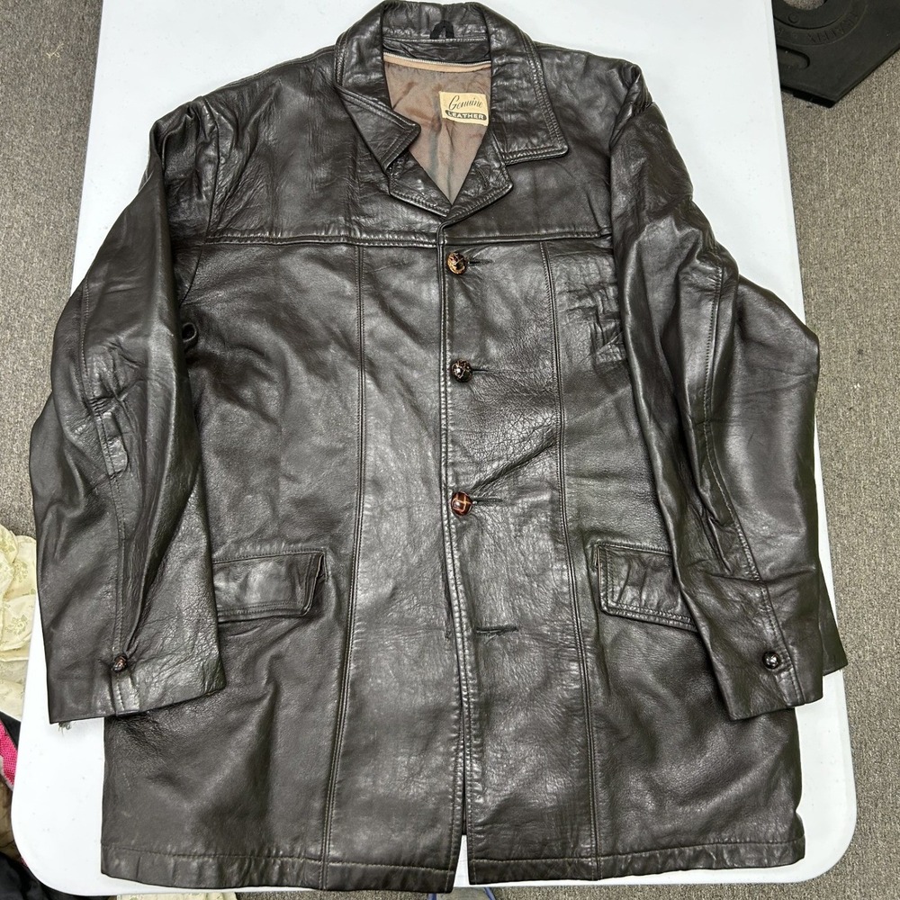 Vintage Genuine Leather Car Coat Mens XL Brown Button Front Mid Length Jacket